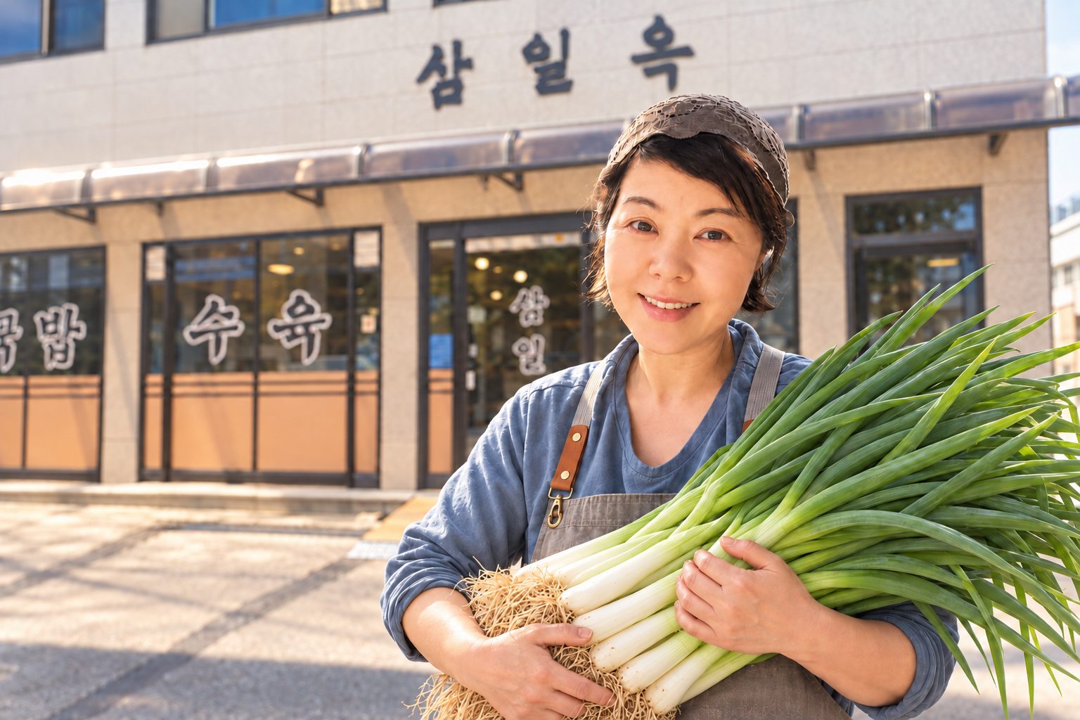 삼일옥 앞에서 대파를 한아름 안고 웃는 박정연 대표